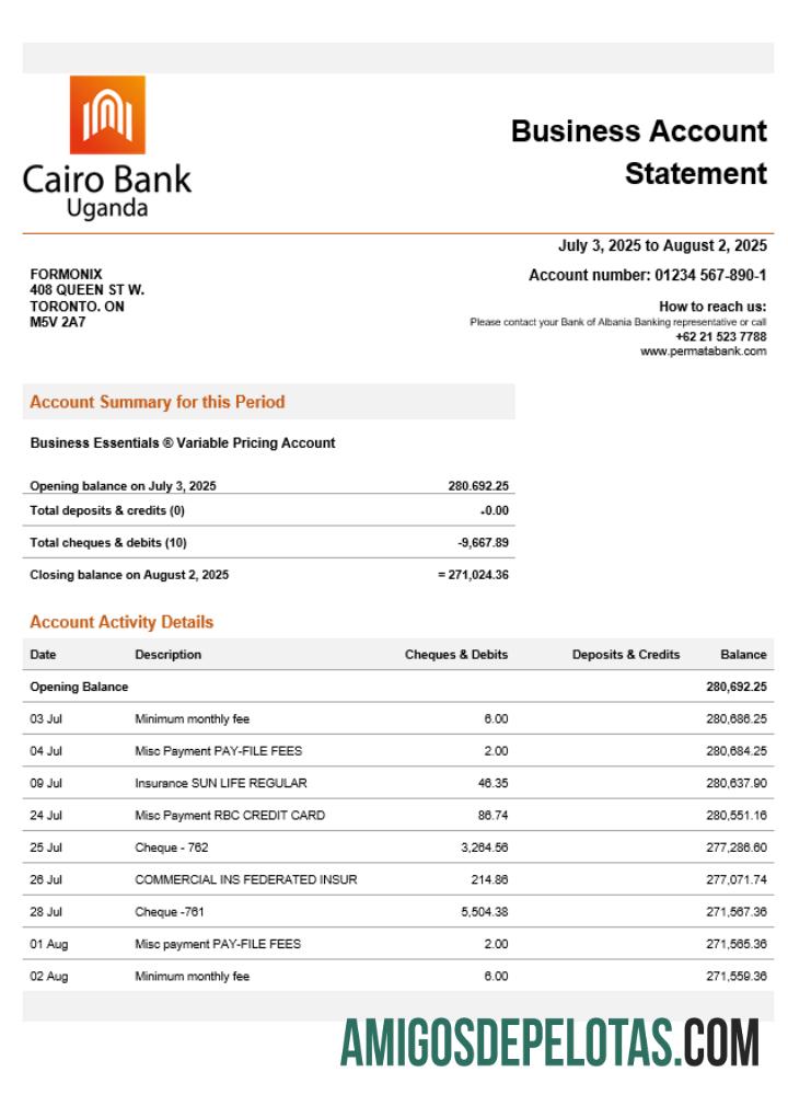 Imprimível Uganda Cairo Enterprise modelo de extrato de conta Word e PDF